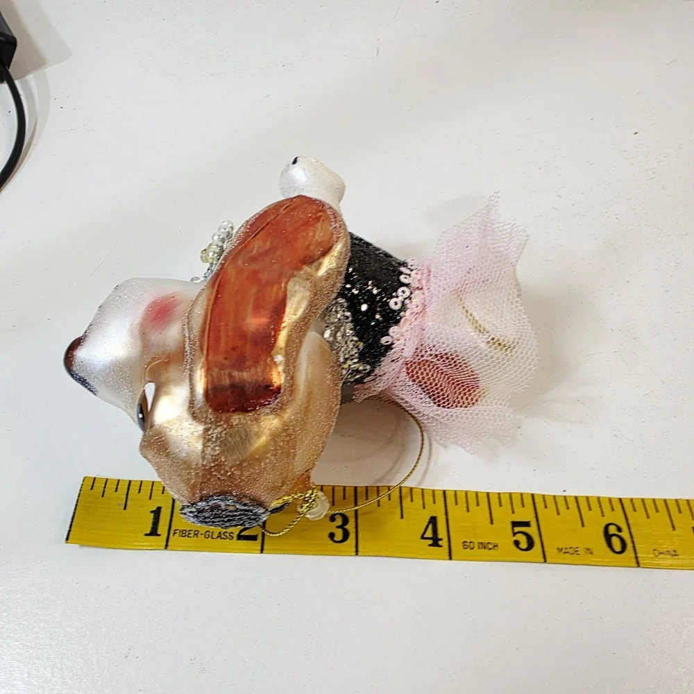 Blown Glass Hound Dog Dressed in Sequins Pink Skirt Glitter Christmas Ornament